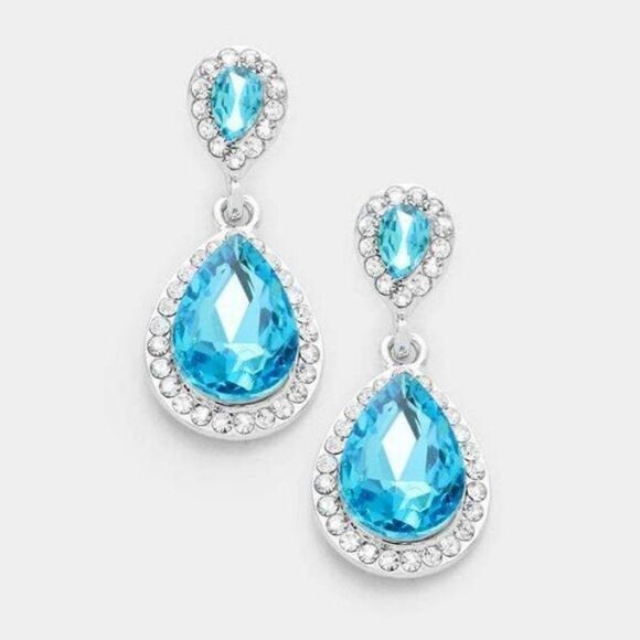 Aqua Blue Crystal Teardrop Evening Silver Earrings - Picture 4 of 6